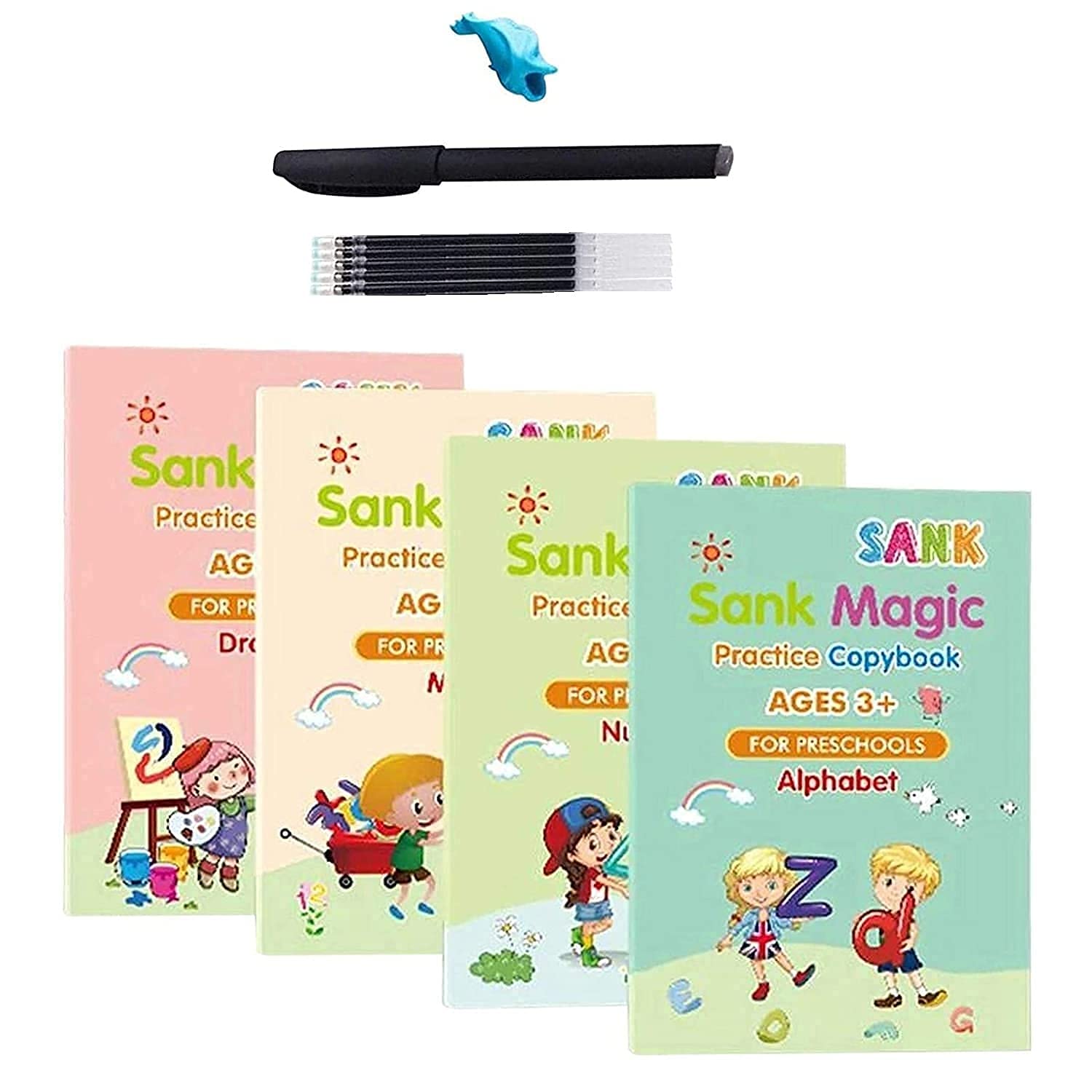 Magic Book for Kids (4 Books 1 Pen 1 Hand Grip 10 Refill)(SANK ORIGINAL)  //.//(2) MAGIC WATER BOOK(1 UNIT BOOK + 1 WATER PEN)(RANDOM)..//(3)360  DEGREE CLEANING SILICONE MADE SOFT BABY TEETH BRUSH(AGE-2-5 YEAR)