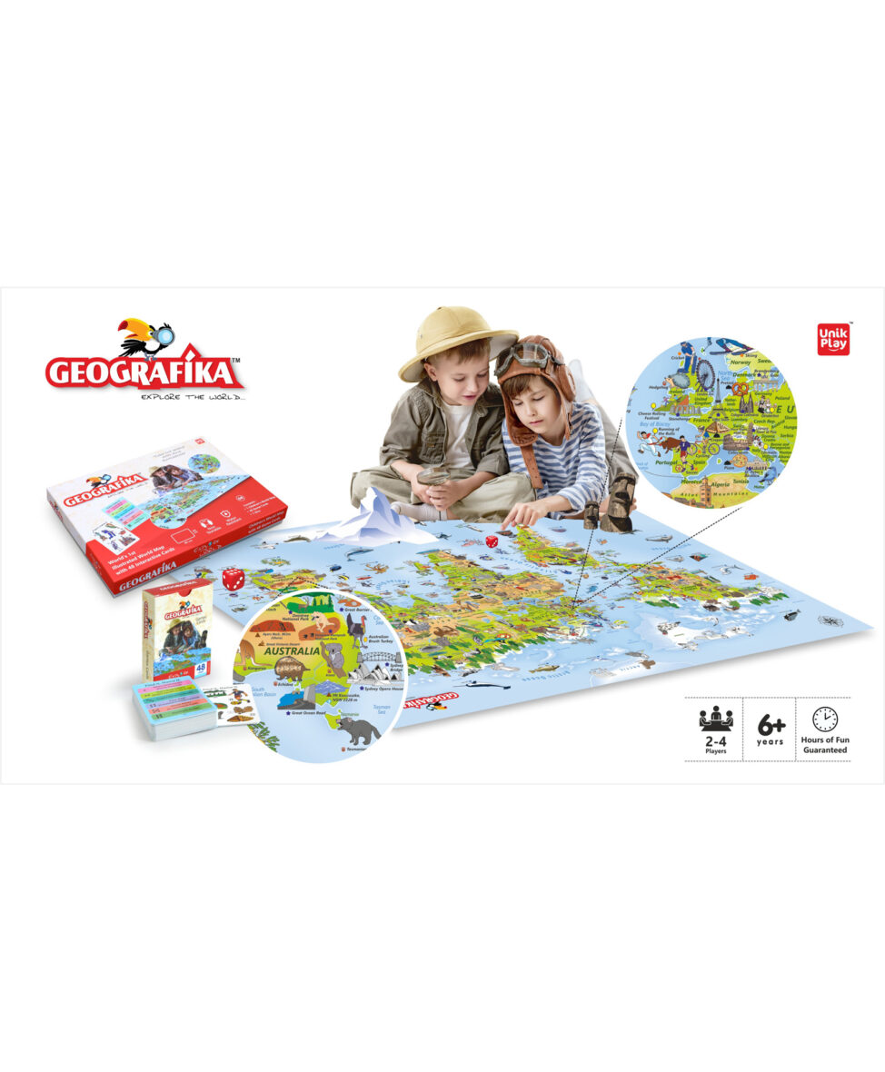 UnikPlay Educational Game : Geografika World Map Board Game Geography Illustrated Map with Cards Gifts & Learning tools for Boys and Girls 6 – 99 years Game