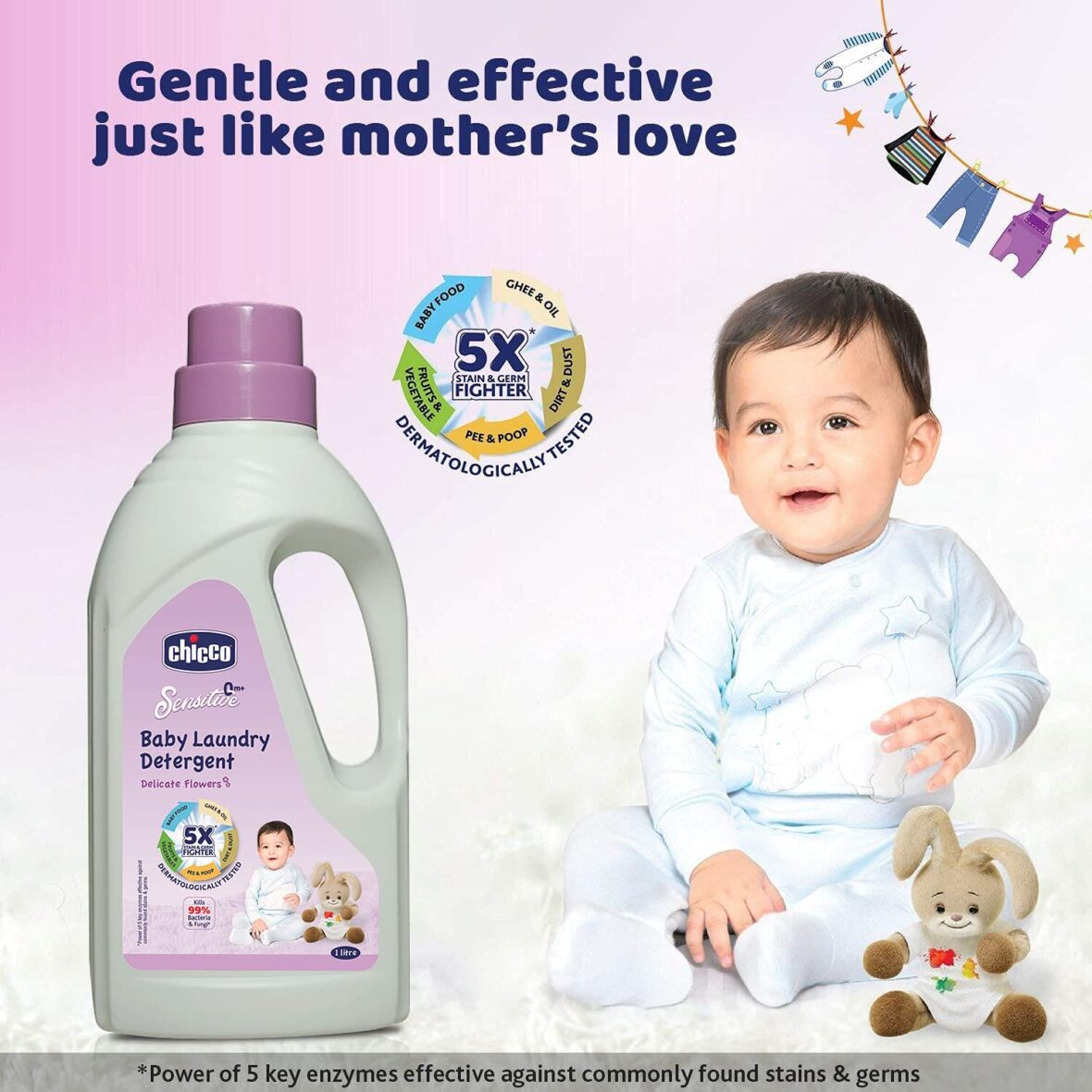 Chicco Baby Liquid Laundry Detergent, 5X Stain & Germ Fighter, Kills 99% of Germs, Dermatologically Tested for Effective & Gentle Cleaning, Delicate FLowers (1 L)