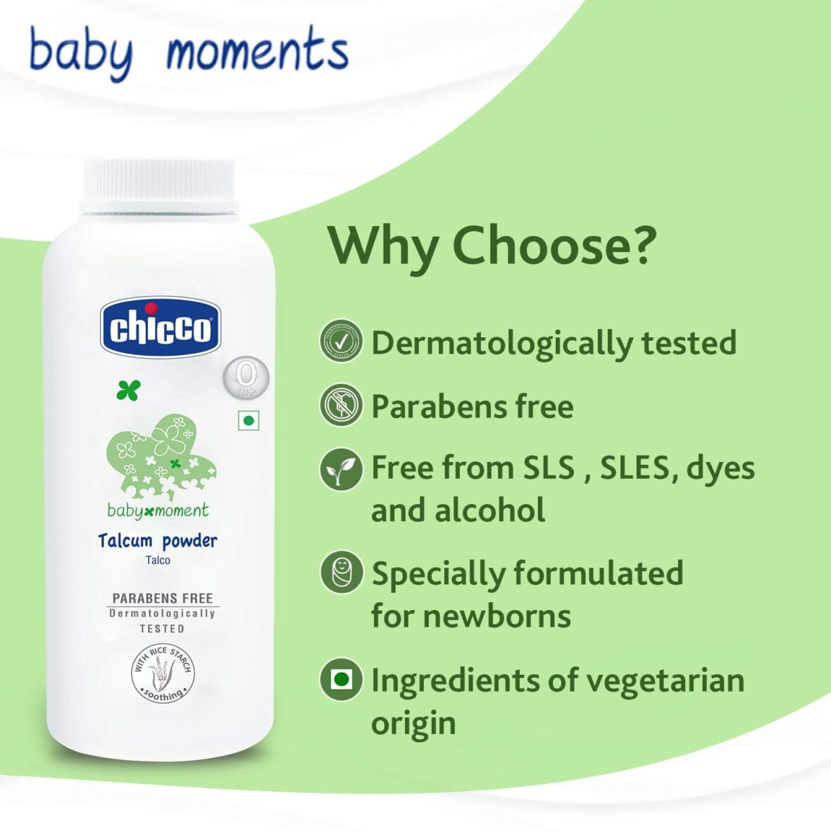 Chicco Baby Moments Talcum Powder, Soothes & Moisturises Baby’s Skin, Vegetarian, Dermatologically tested, Paraben free, 0m+ (300 g)