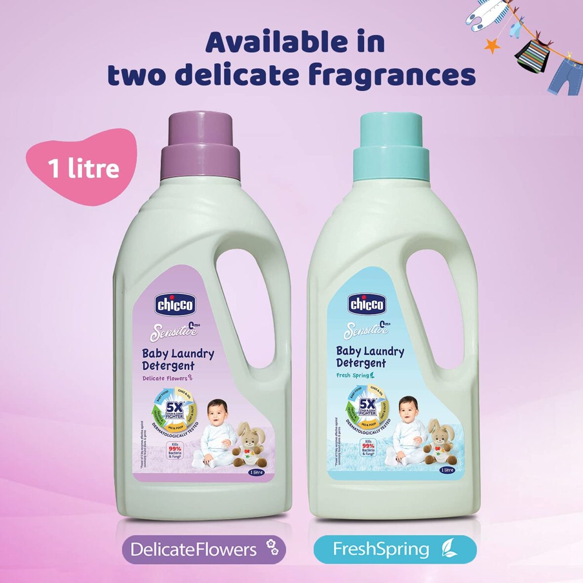 Chicco Baby Liquid Laundry Detergent, 5X Stain & Germ Fighter, Kills 99% of Germs, Dermatologically Tested for Effective & Gentle Cleaning, Delicate FLowers (1 L)