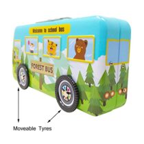 Multicolour Cartoon Printed School Bus Shape Matal Pencil Box with Moving Tyres for Kids(Assorted Colours)