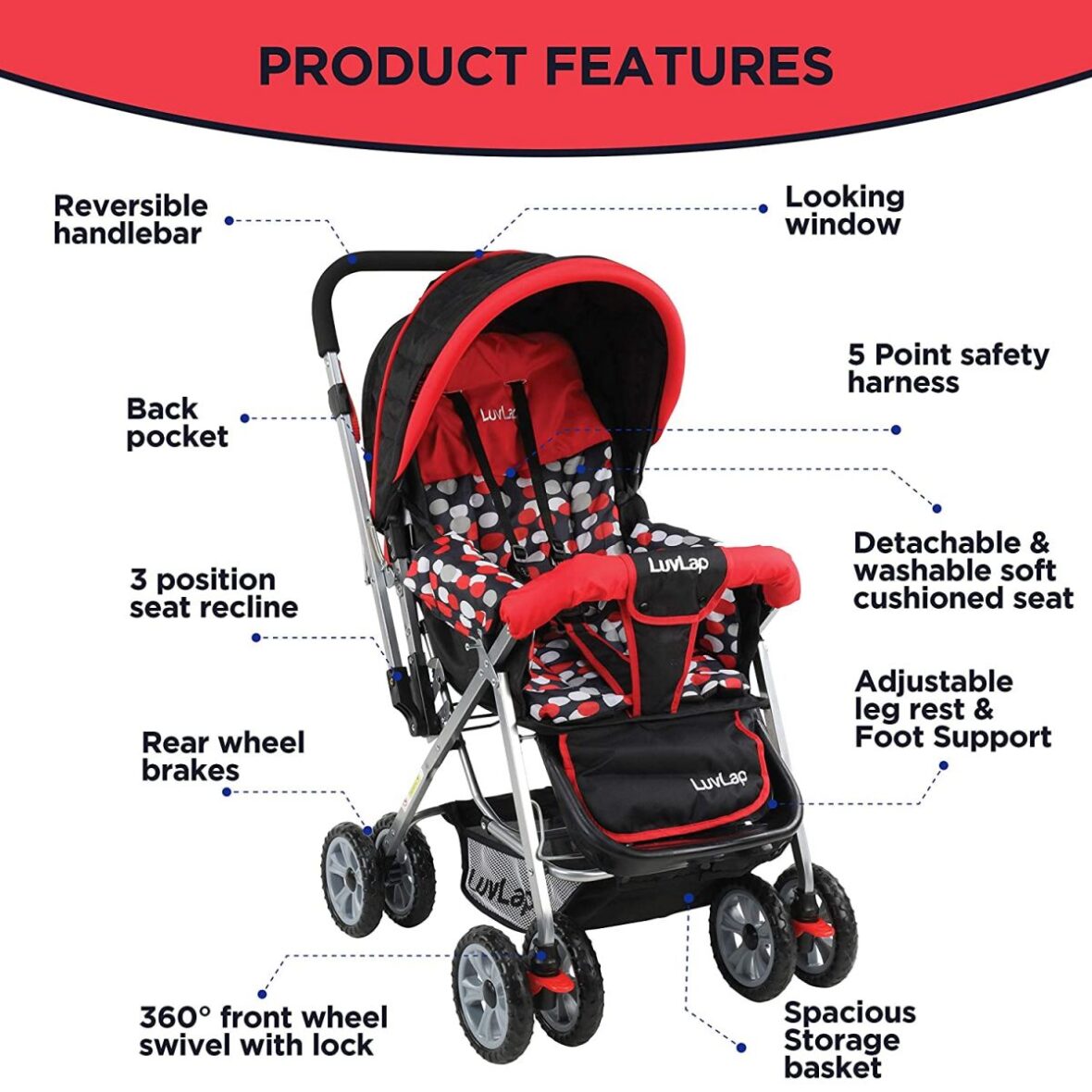 18182 LuvLap Sunshine Baby Stroller, Red & Black