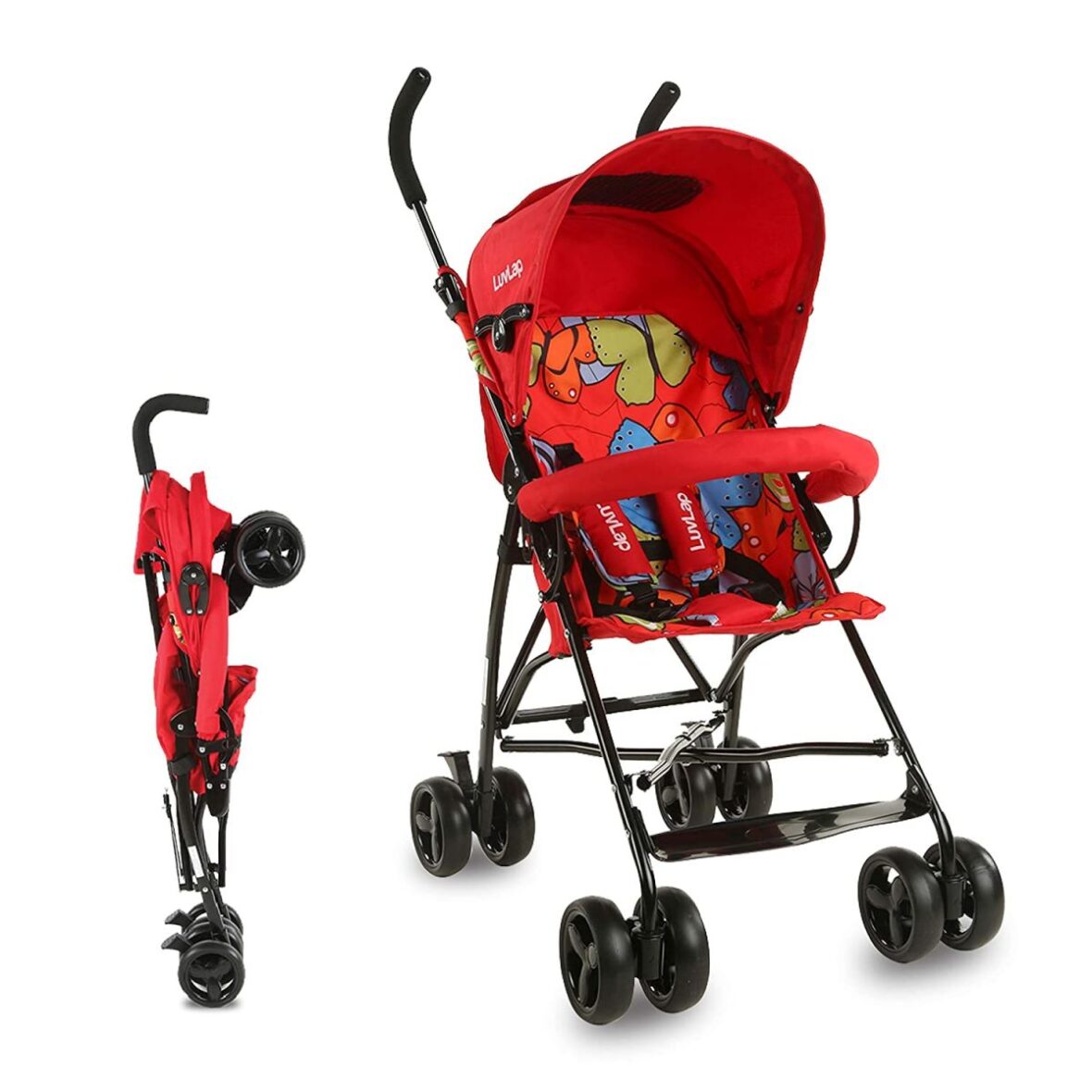 Luvlap Black Tutti Frutti Stroller Buggy Compact And Travel Friendly For Baby – Red 18273