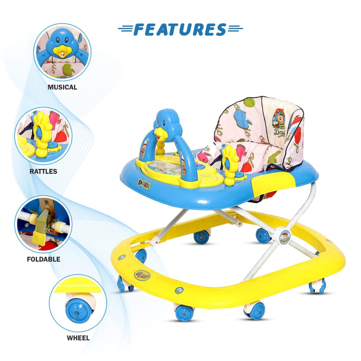 Dash Dora Deluxe Musical Baby Walker with Toy Bar, Cushioned Seat, Adjustable Height and 360 Degree Swivel Wheels for 6-12 Months Baby boy and Baby Girl (Blue)