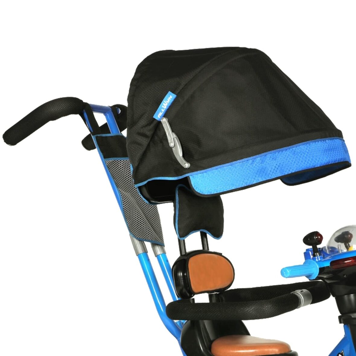 Webby Allwyn Cute Baby Smart Frame 360 Degree Seat Rotation Toddler Tricycle with LED Hood, Musical Horn, Front & Rear Basket, Foldable Canopy and Parental Handle for 1-3 Years Kids (Blue)