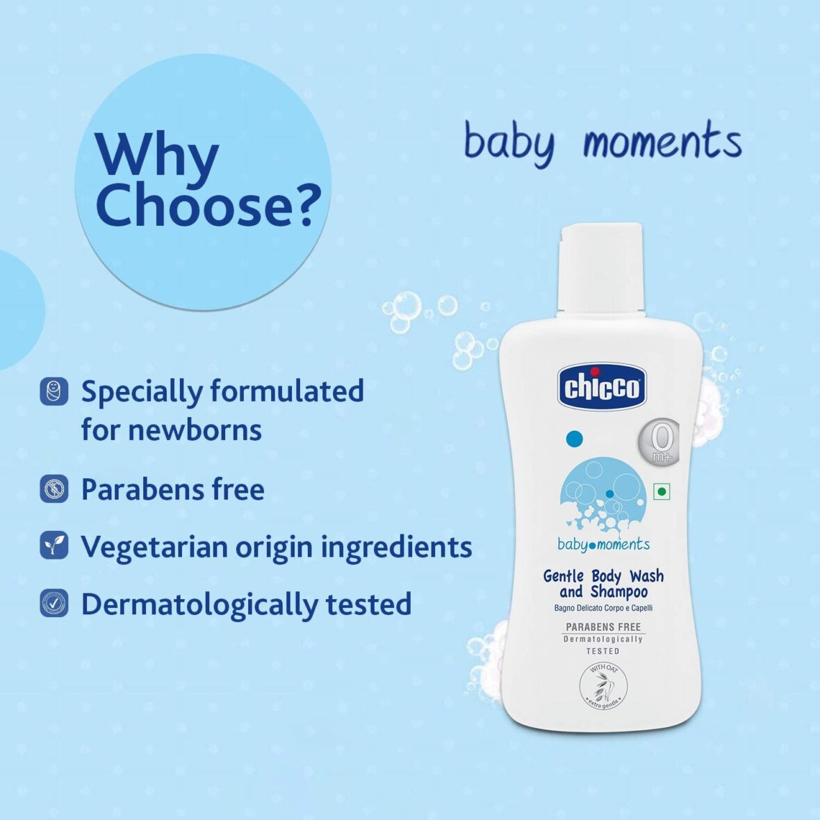 Chicco Baby Moments Gentle Body Wash and Shampoo for Soft Skin and Hair, Dermatologically tested, Paraben free (100 ml)