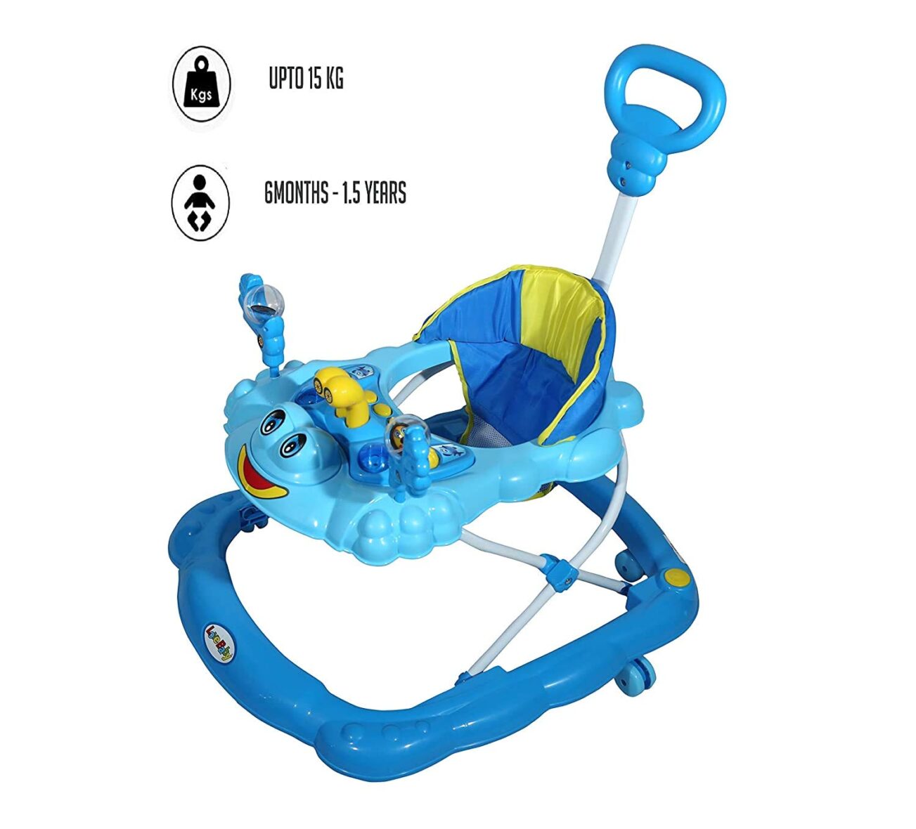 JoyRide Infant Musical Walker with Parent Push Handle, 3 Level Height Adjustment,Music & Light- Blue