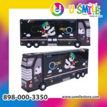 Double Compartment Bus Pencil Box with Moving Tyres, Button Enabled Storages and Sharpner for Kids - Black