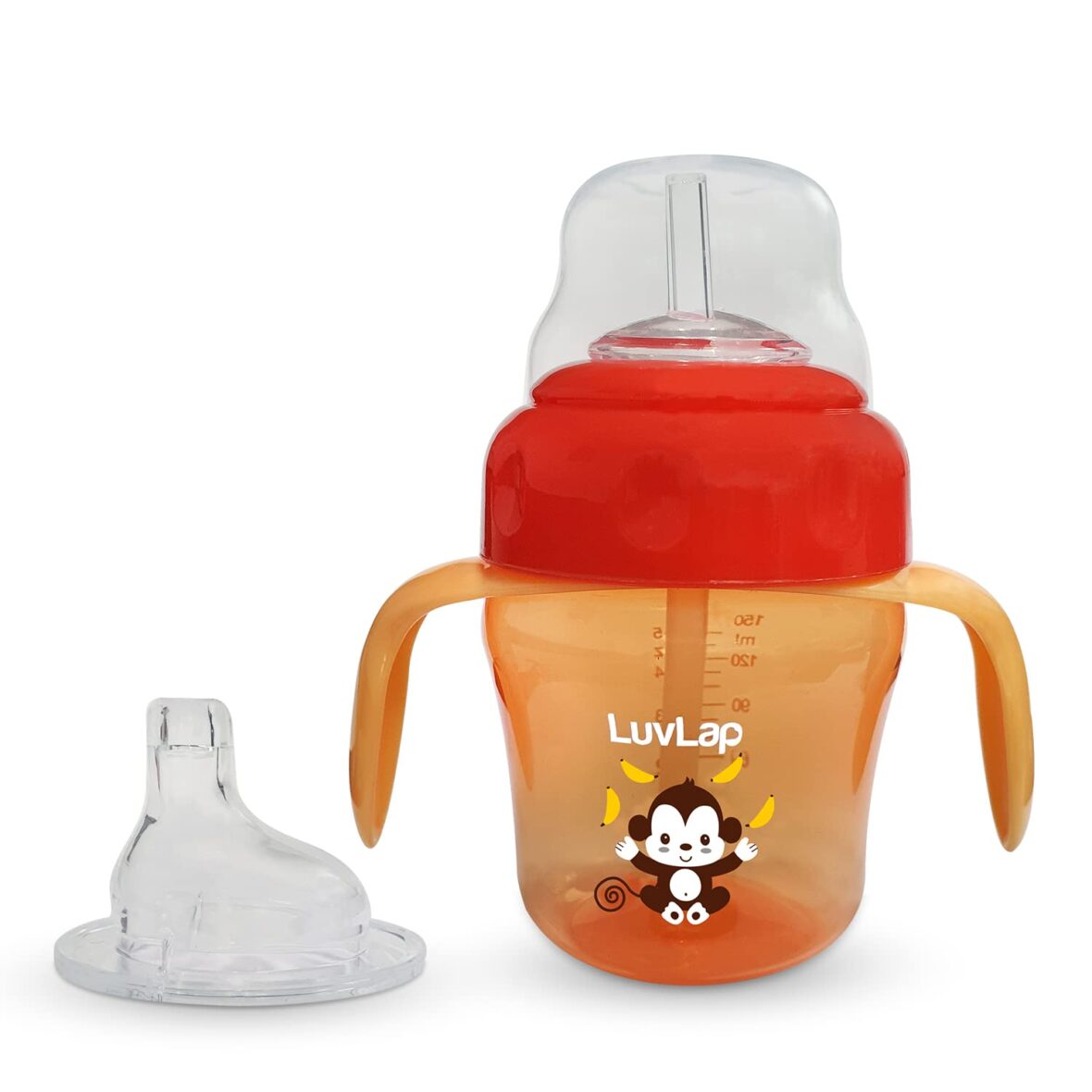 LuvLap Banana Time 150ml Anti Spill, Interchangeable Sipper / Sippy Cup with Soft Silicone Spout and Straw BPA Free, 6m+ (Orange)