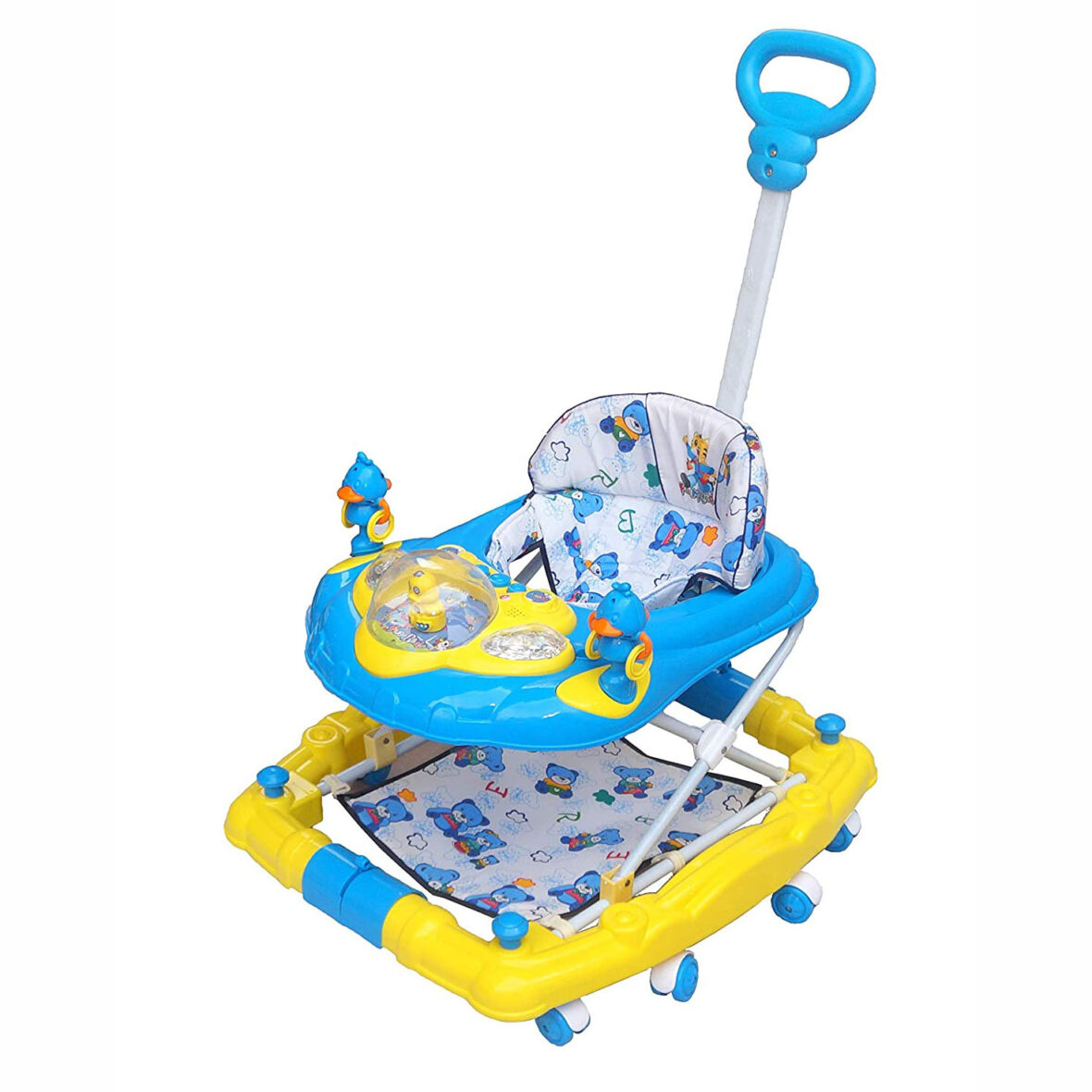 Musical Plastic Baby Walker with Adjustable Height Comfy 6-in-1 Activity with Rocker, Light and Parental Handle for Kids 9 Months + (Blue)
