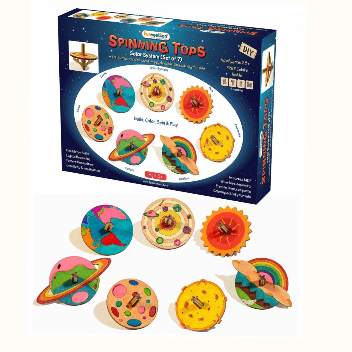 Funvention DIY Solor System Themed Spinning Tops Activity Kit Set of 7 – Multicolor
