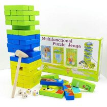 2 in 1 Wooden Building Block Dominoes, Party Game, Tumbling Tower Game with 3 Picture Puzzle