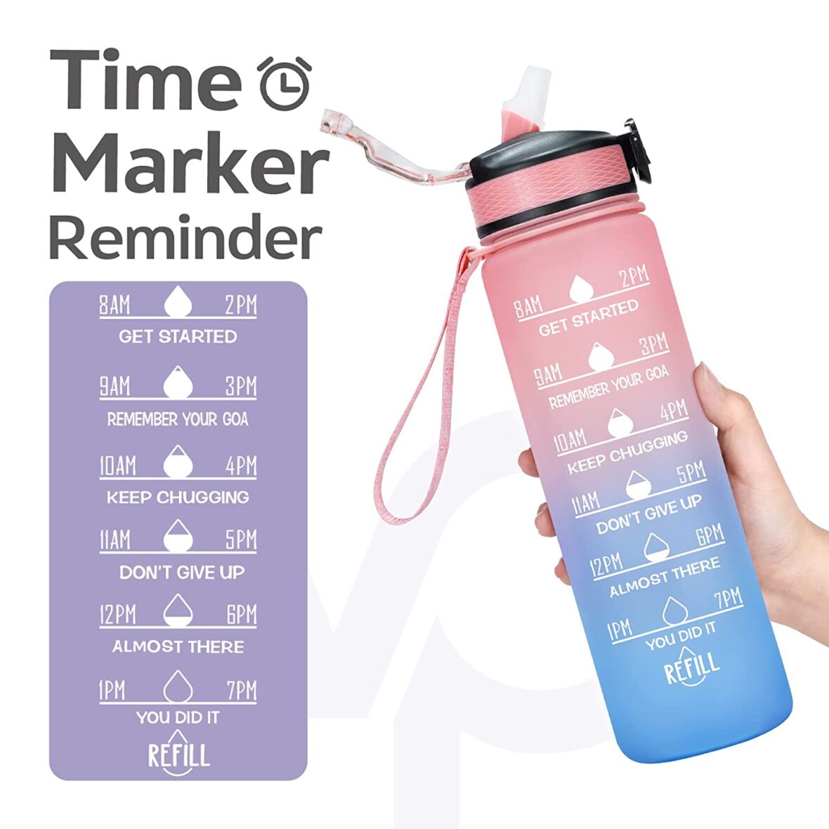 U Smile Fitness Sports Water Bottle with Time Marker & Straw, Large Wide Mouth Leakproof Durable BPA Free Non-Toxic