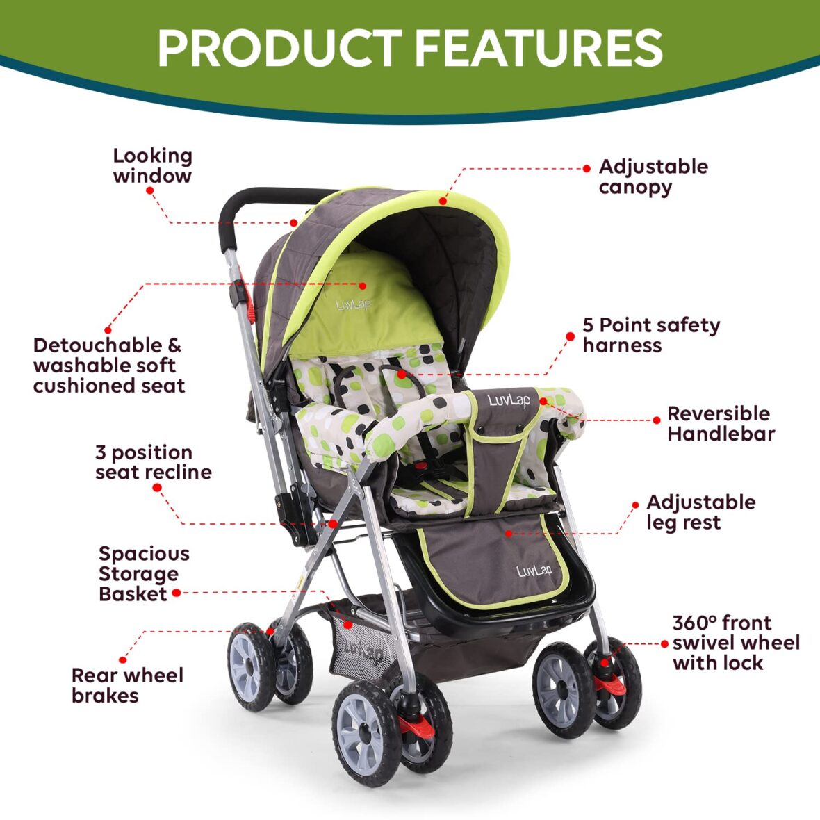 Luvlap Sunshine Stroller/Pram, Easy Fold, for Newborn Baby/Kids, 0-3 Years Multicolor