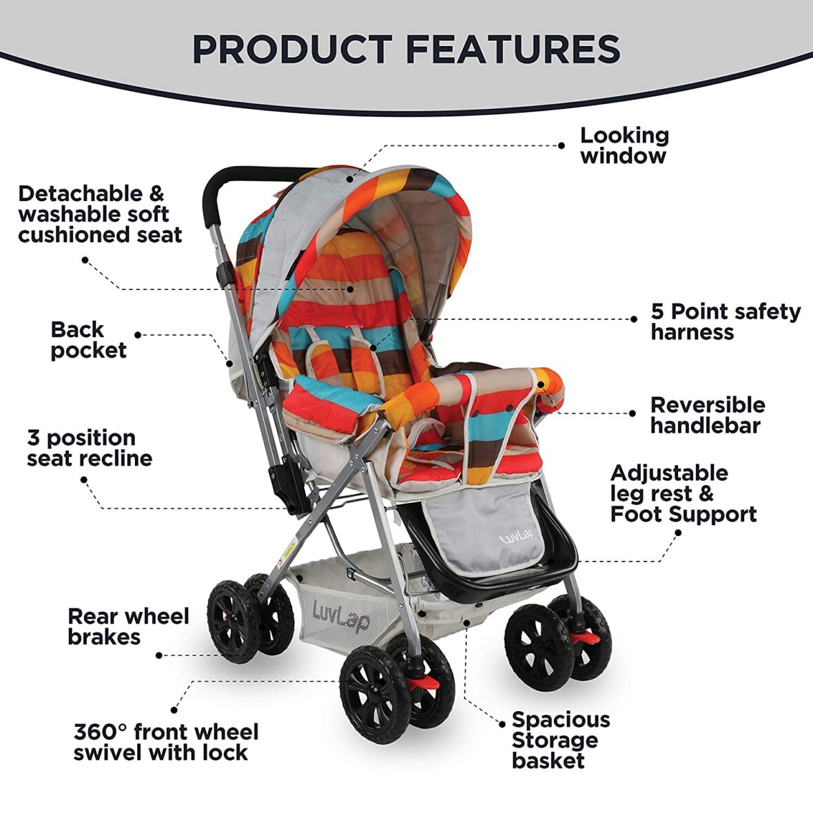 LuvLap Sunshine Stroller/Pram, Easy Fold, for Newborn Baby to Kids, 0-3 Years, Easy to fold & Carry, 3 position recline, 5 Point Safety Harness, Large wheels with brakes (Multicolor Stripes)18355