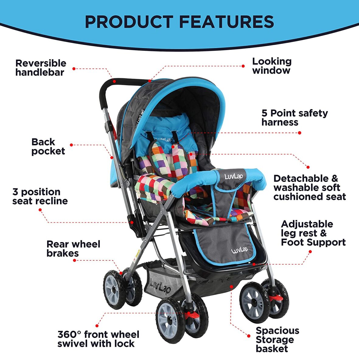 Luvlap Sunshine Stroller/Pram, Easy Fold, for Newborn Baby/Kids, 0-3 Years (Teal)18181