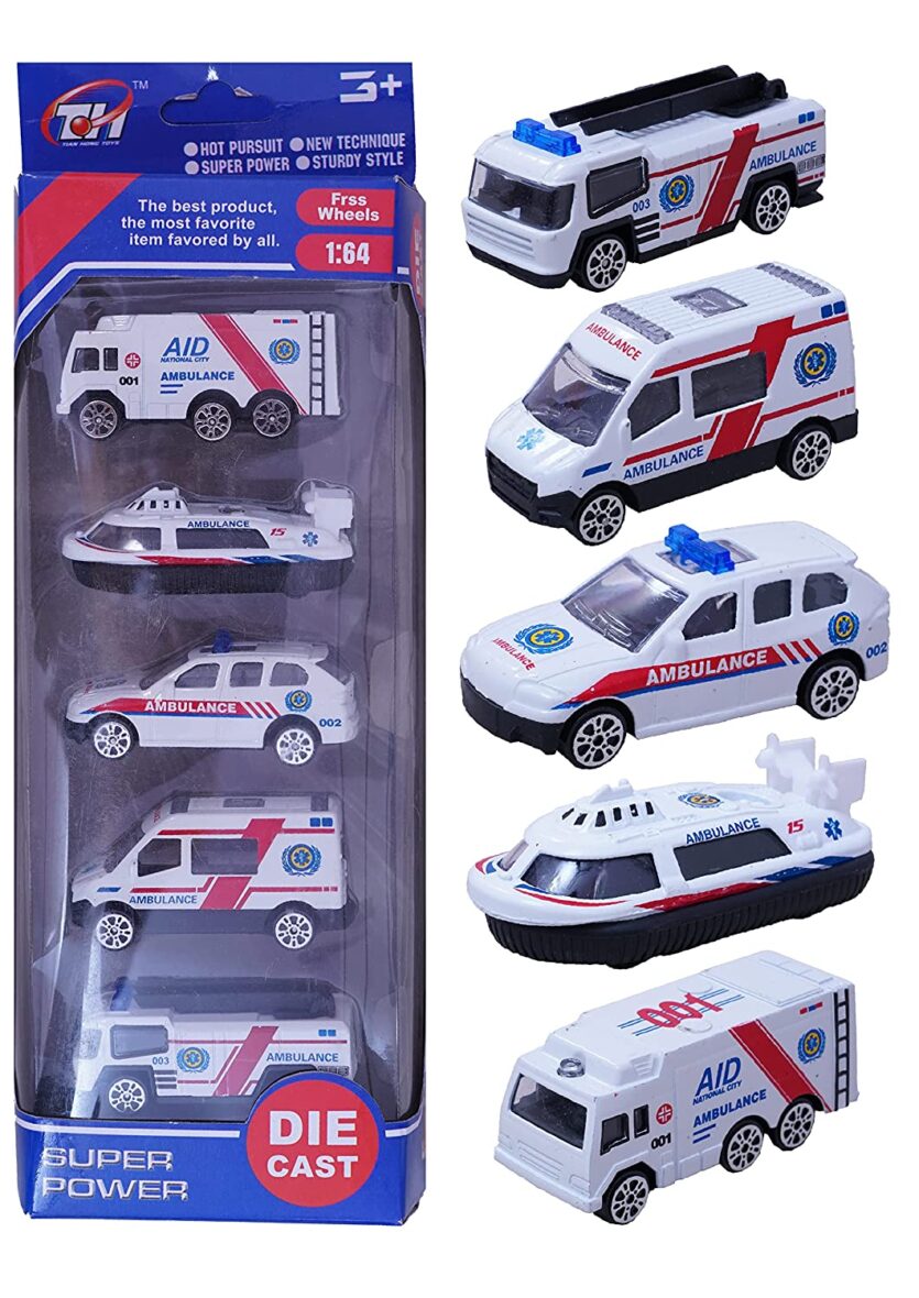 U Smile Metal Mini Cars for Kids Small Metal Powered Police Cars Set  Ambulance Set  Pack of 5 Mini Cars Random Design Multicolor