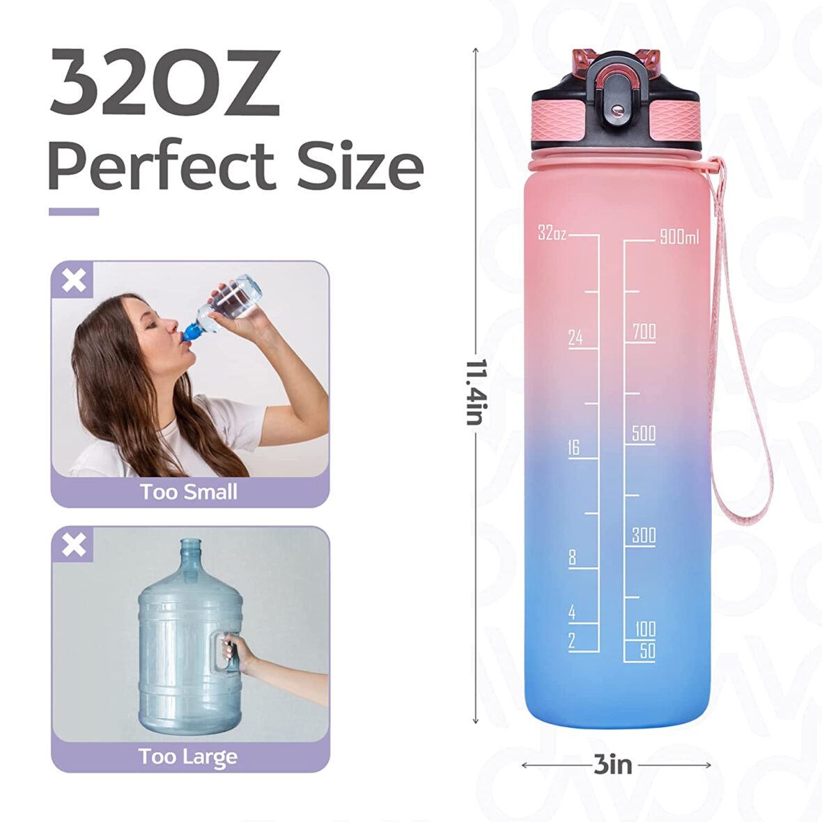 U Smile Fitness Sports Water Bottle with Time Marker & Straw, Large Wide Mouth Leakproof Durable BPA Free Non-Toxic