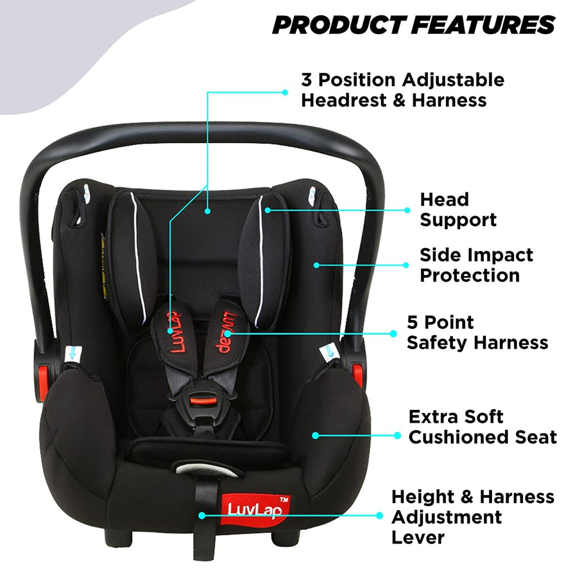 LuvLap Multipurpose 4 in 1 Baby Carry Cot Cum Infant Car Seat, Rocker, Chair, 0 Month+, Carrying Capacity 13Kg, 5 Point Safety Harness, ECER44/04 Safety Standard Certified, Extendable Canopy (Black)