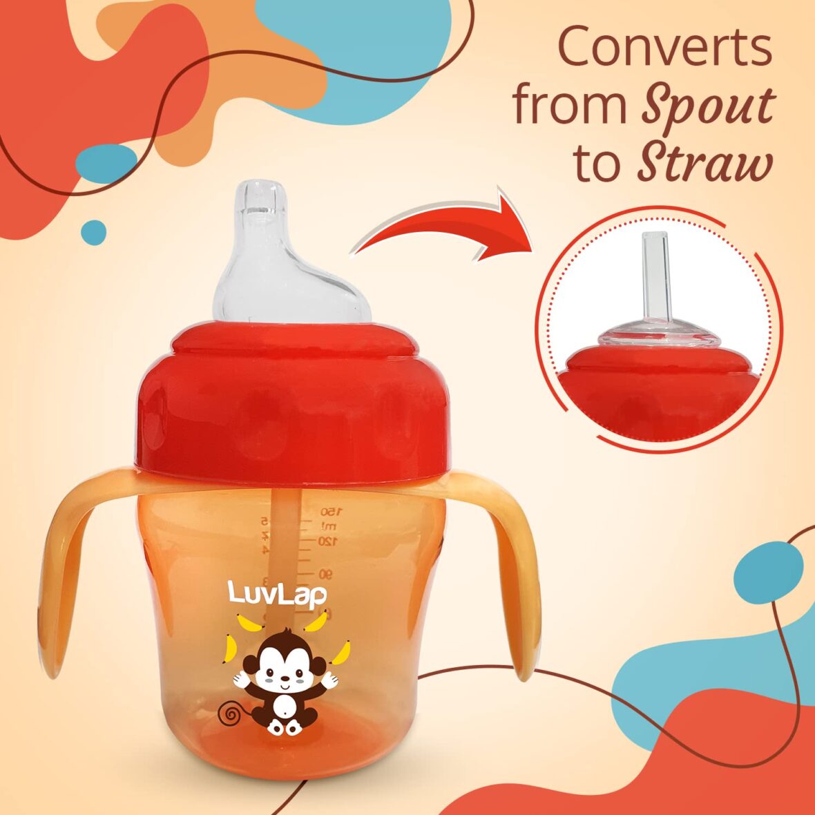 LuvLap Banana Time 150ml Anti Spill, Interchangeable Sipper  Sippy Cup with Soft Silicone Spout and Straw BPA Free, 6m+ (Orange)
