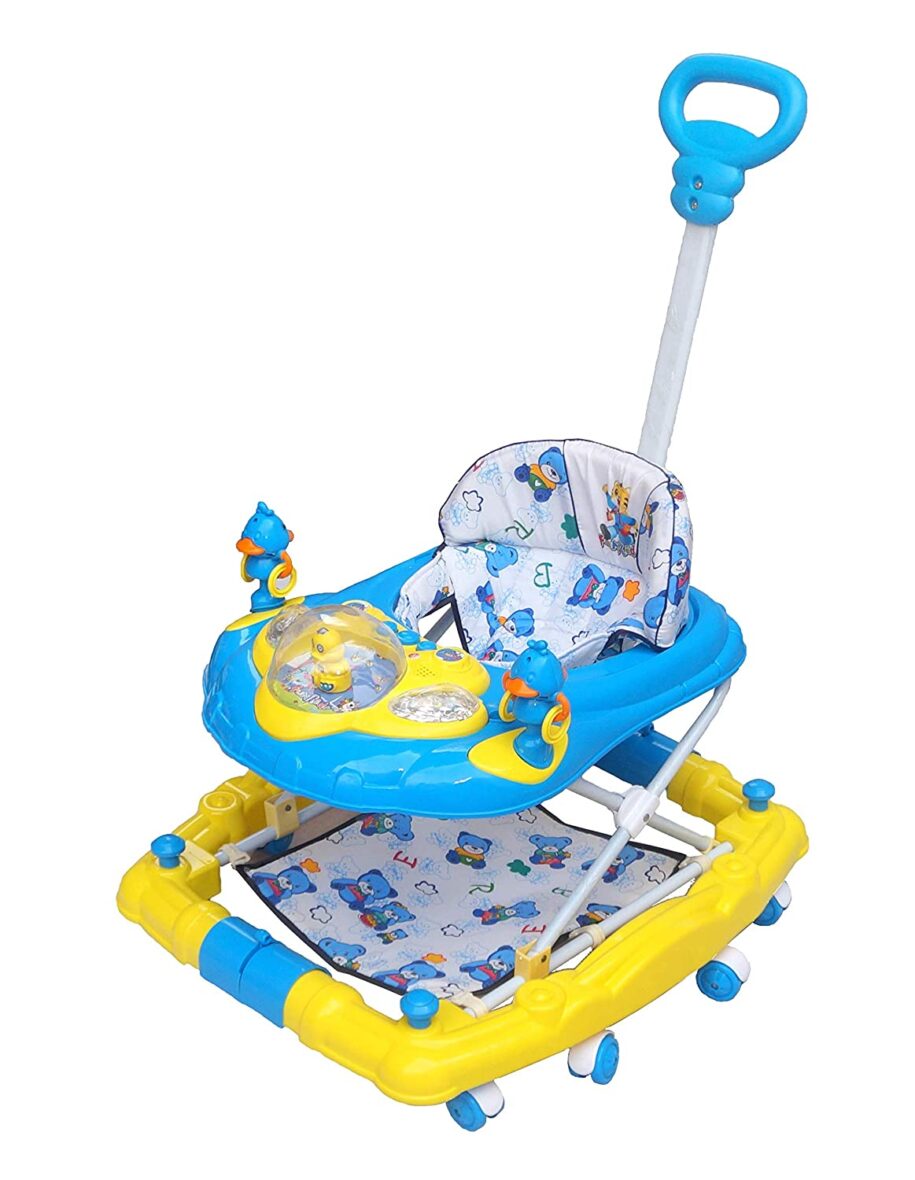 Musical Plastic Baby Walker with Adjustable Height Comfy 6-in-1 Activity with Rocker, Light and Parental Handle for Kids 9 Months + (Blue)