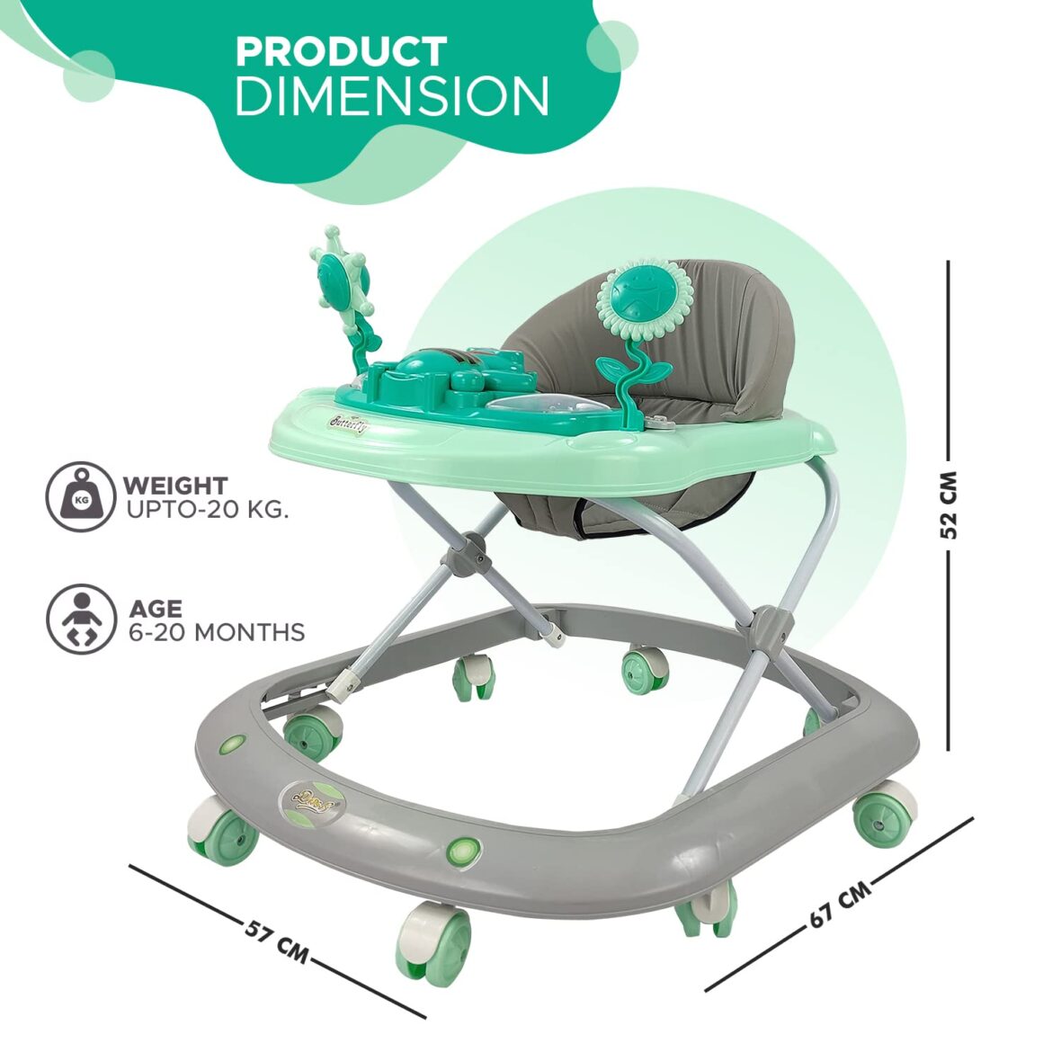 Dash Butterfly Baby Walker, Walker Baby 6-18months boy, Walker, Activity Walker with 3 Position Adjustable Height and Music & Light, (Capacity 20kg )