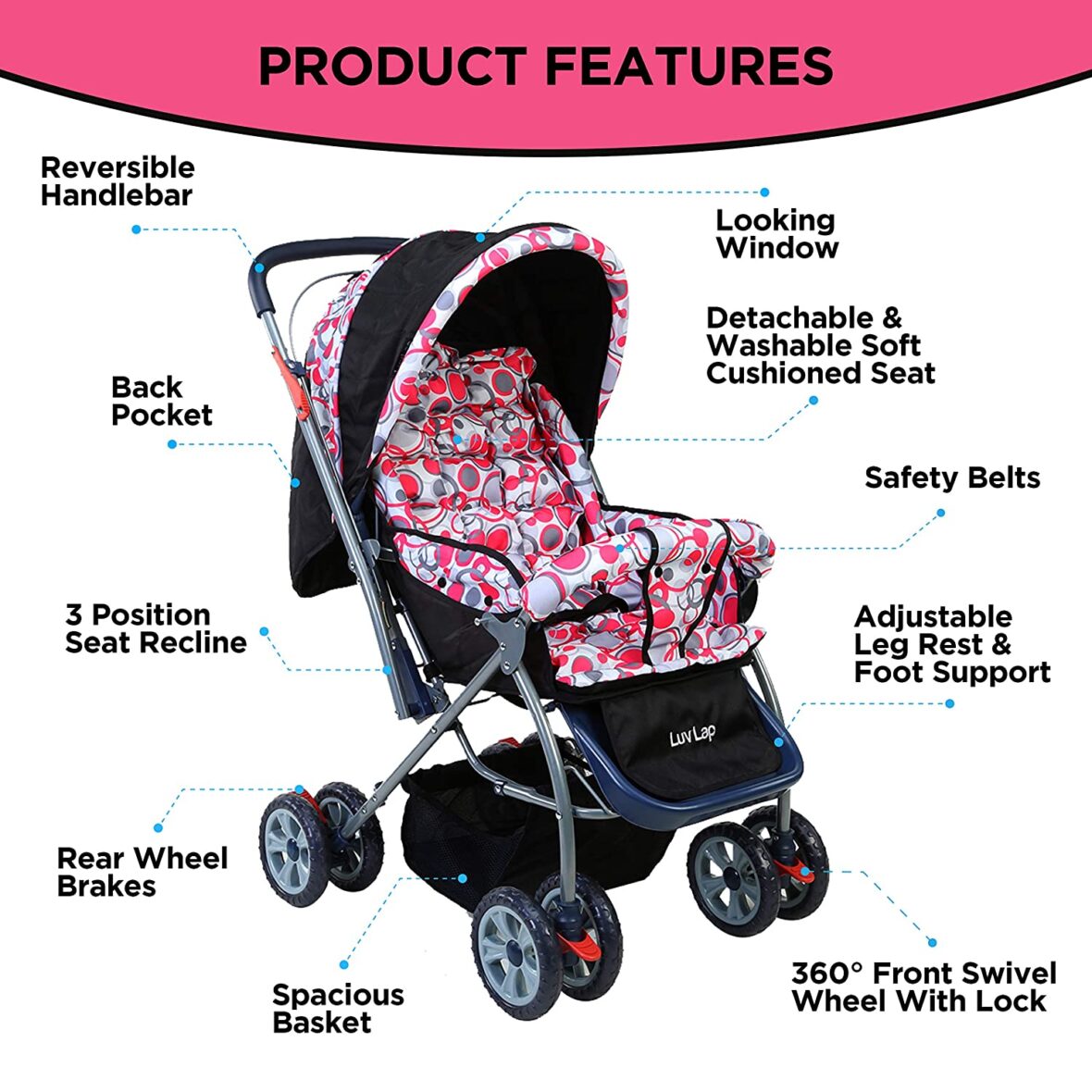 Luvlap Starshine Stroller/Pram, Easy Fold for Newborn Baby/Kids, 0-3 Years Mulicolor
