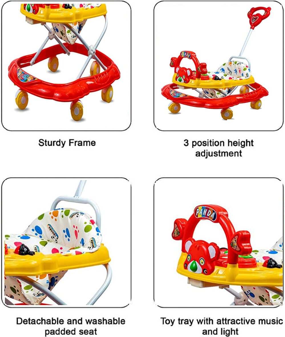 U Smile Panda Musical Activity Baby Walker 555 with Music & Parent Handel Rod & Adjustable Height for Kids Multicolor