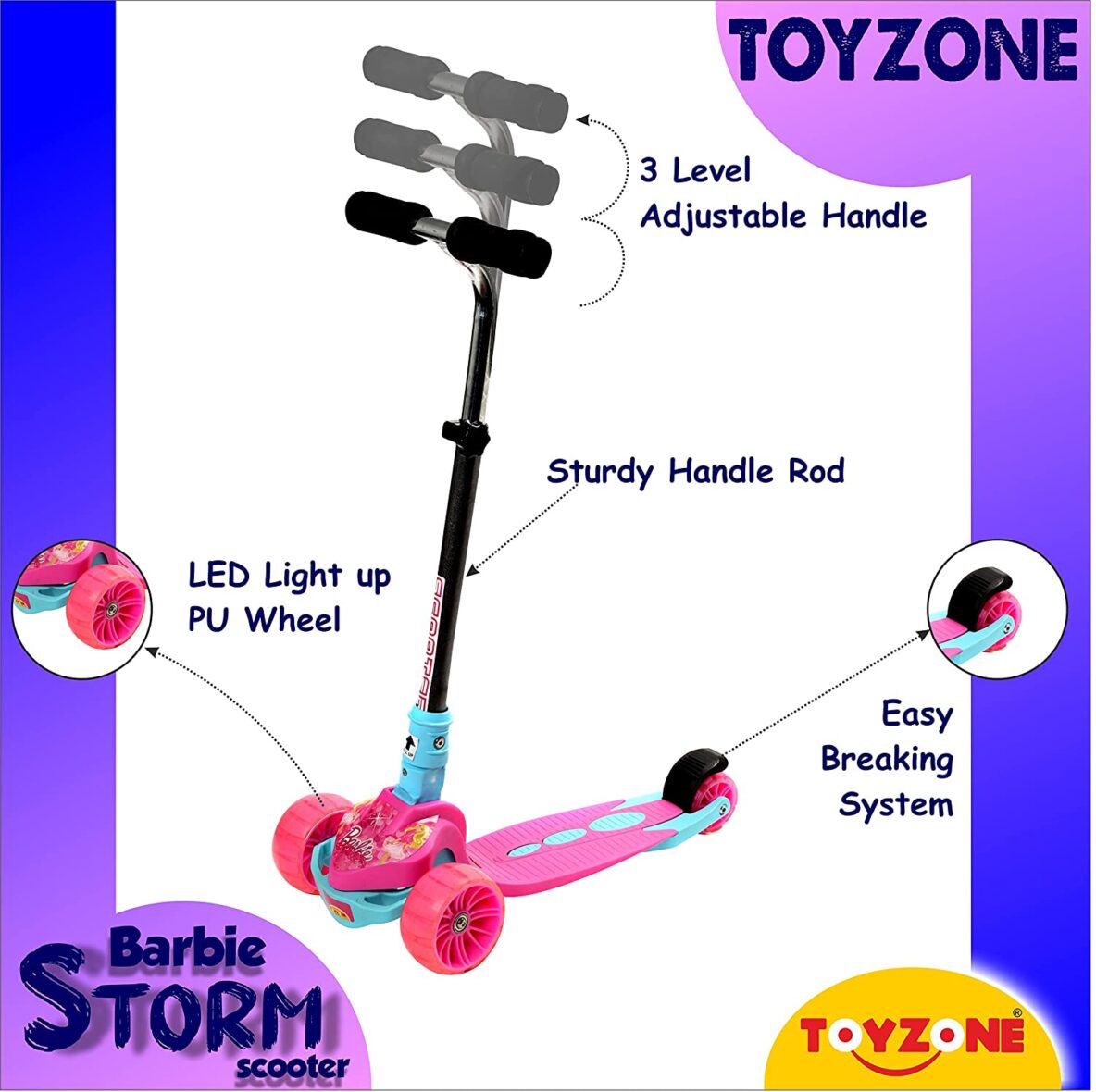 Toyzone Scooter Storm  Kids Skate Ride on  Smart Kick Scooter  Adjustable Height and Rear Brake  Foldable Scooter  for Kids Age 6+ Years Visit the Toyzone Store2