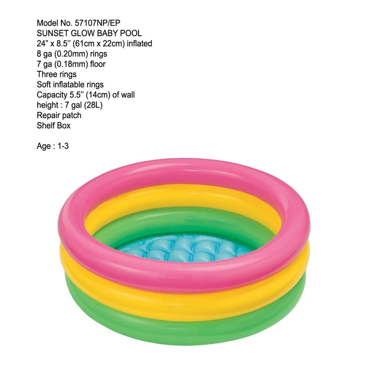 About this item Three rings Soft inflated floor Capacity 18cm of wall height Capacity 18cm of wall height repair patches For both boys and girls