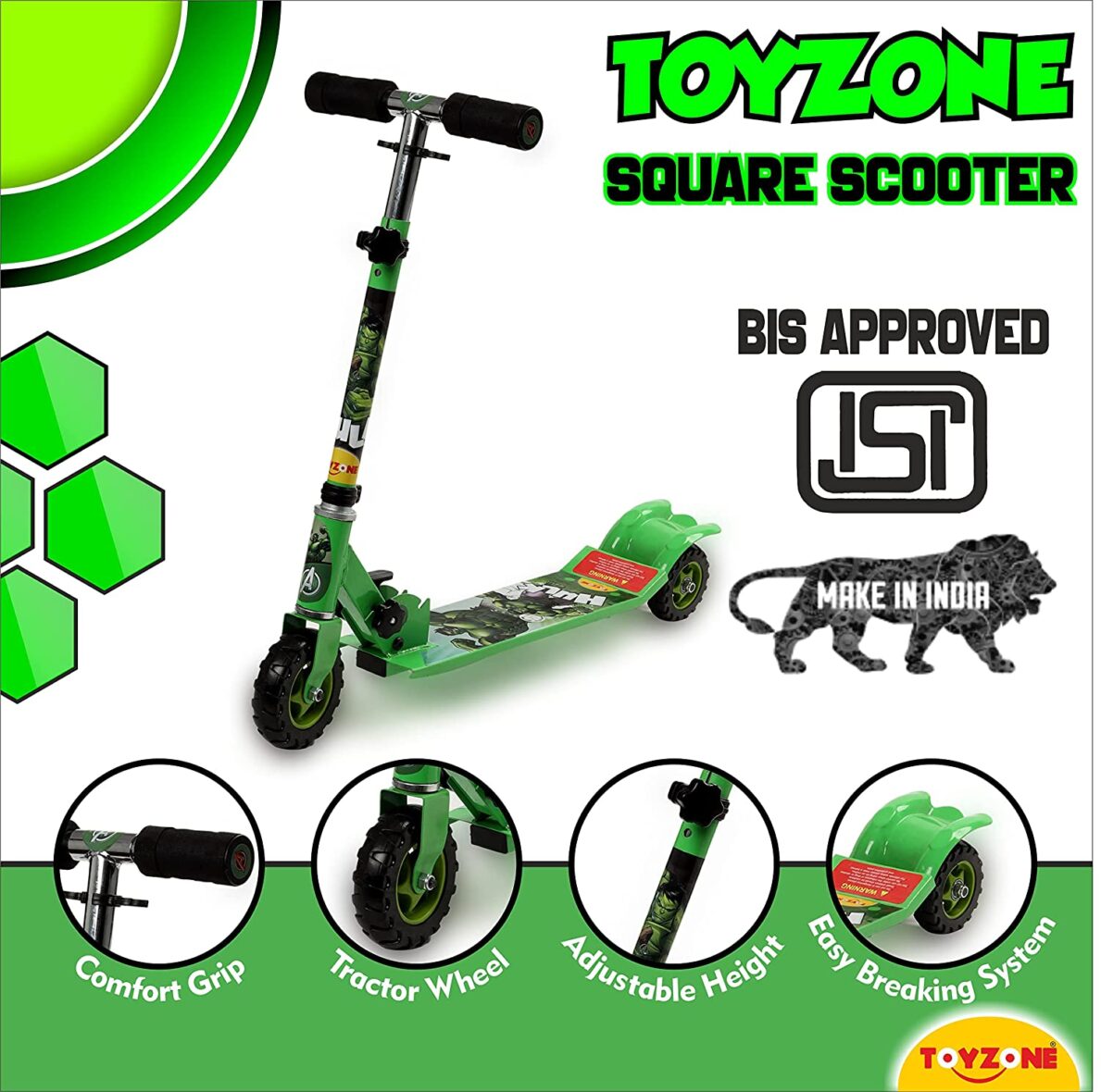 Toyzone Ben 10 Scooter Square-66019 | Kids Skate | Ben 10 Skating Ride on | 3 Wheel Kids Scooter | Smart Kick Scooter | Adjustable Height and Rear Brake | Foldable Scooter | for Kids Age 6+ Years