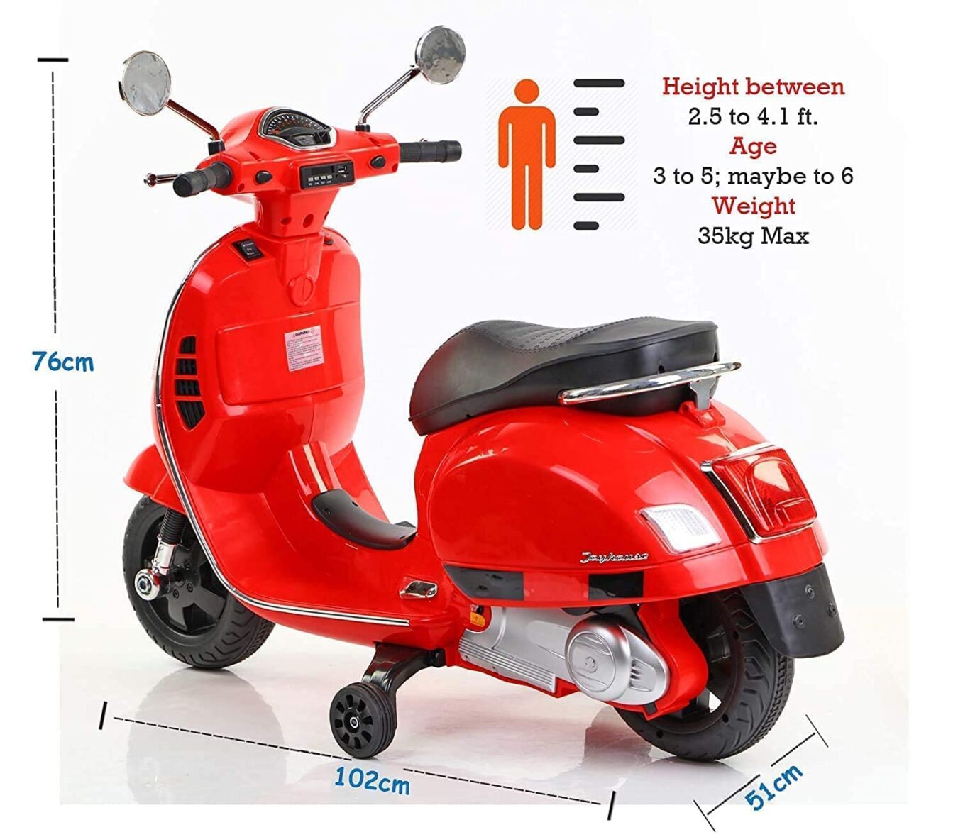 U Smile Vespa 12v Battery Operated Rechargeable Ride On Scooter for Kids, 2 to 6 Years red