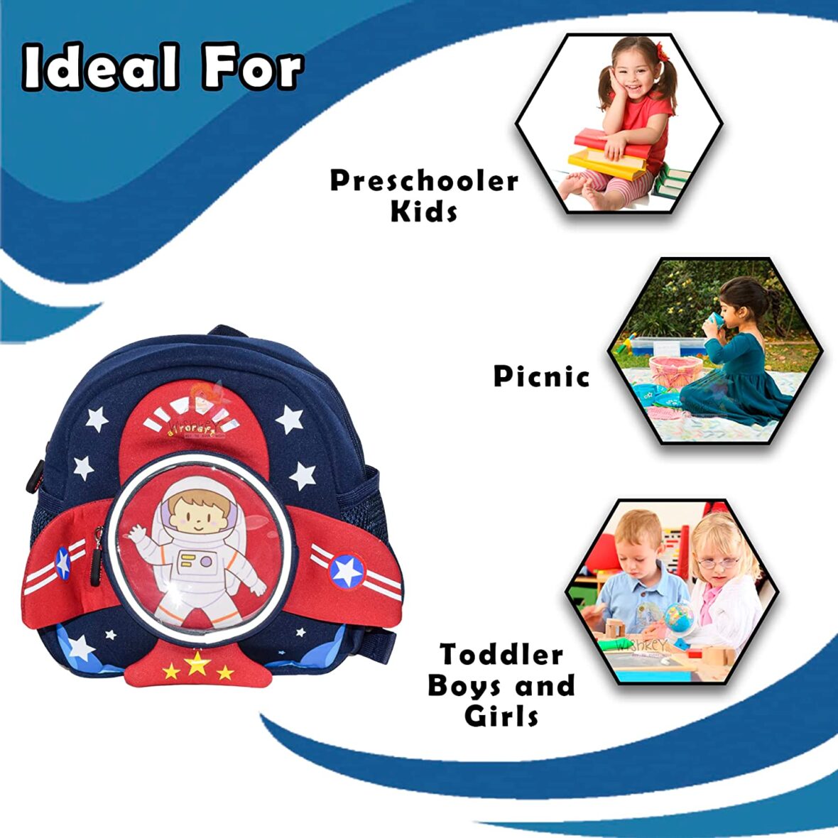 U Smile Space Design Bag for Pre-Schoolers Kids, Water Resistant Mini Backpack for Kids, Lightweight Small Size Bag for Play School & Nursery Kids, Picnic Bag, Travel, Dark Blue, 1-4 Years 6